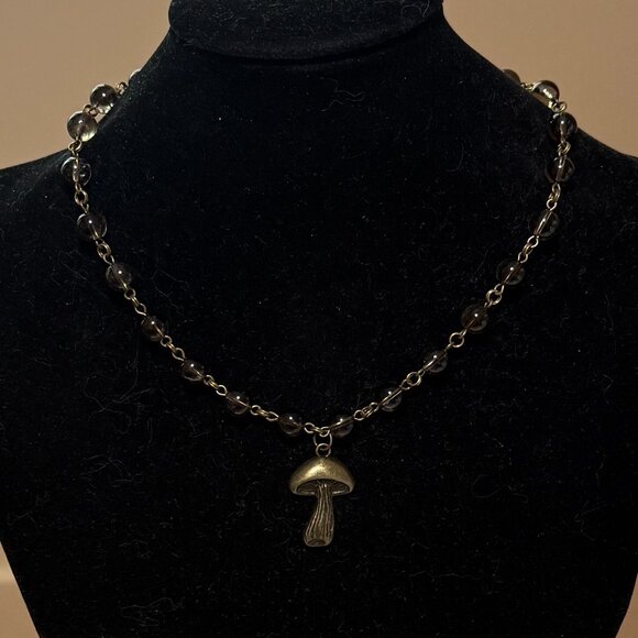 Natural Smoky Quartz Short Necklace, Genuine Gemstone + Bronze Slim Mushroom - Picture 3 of 14